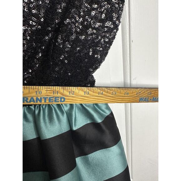 LEIFSDOTTIR Anthropoligie Stripes Sequin Fit & Flare Black Teal Dress Size 4 - Picture 5 of 12